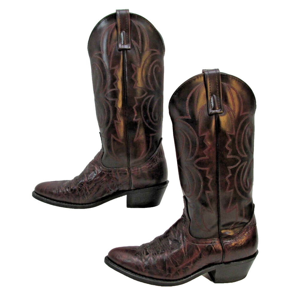 Lea Vamp & Fox Cowboy Boots, Mahogany Leather Pull Tab Western Boots, 7 D 7D USA - Picture 2 of 8